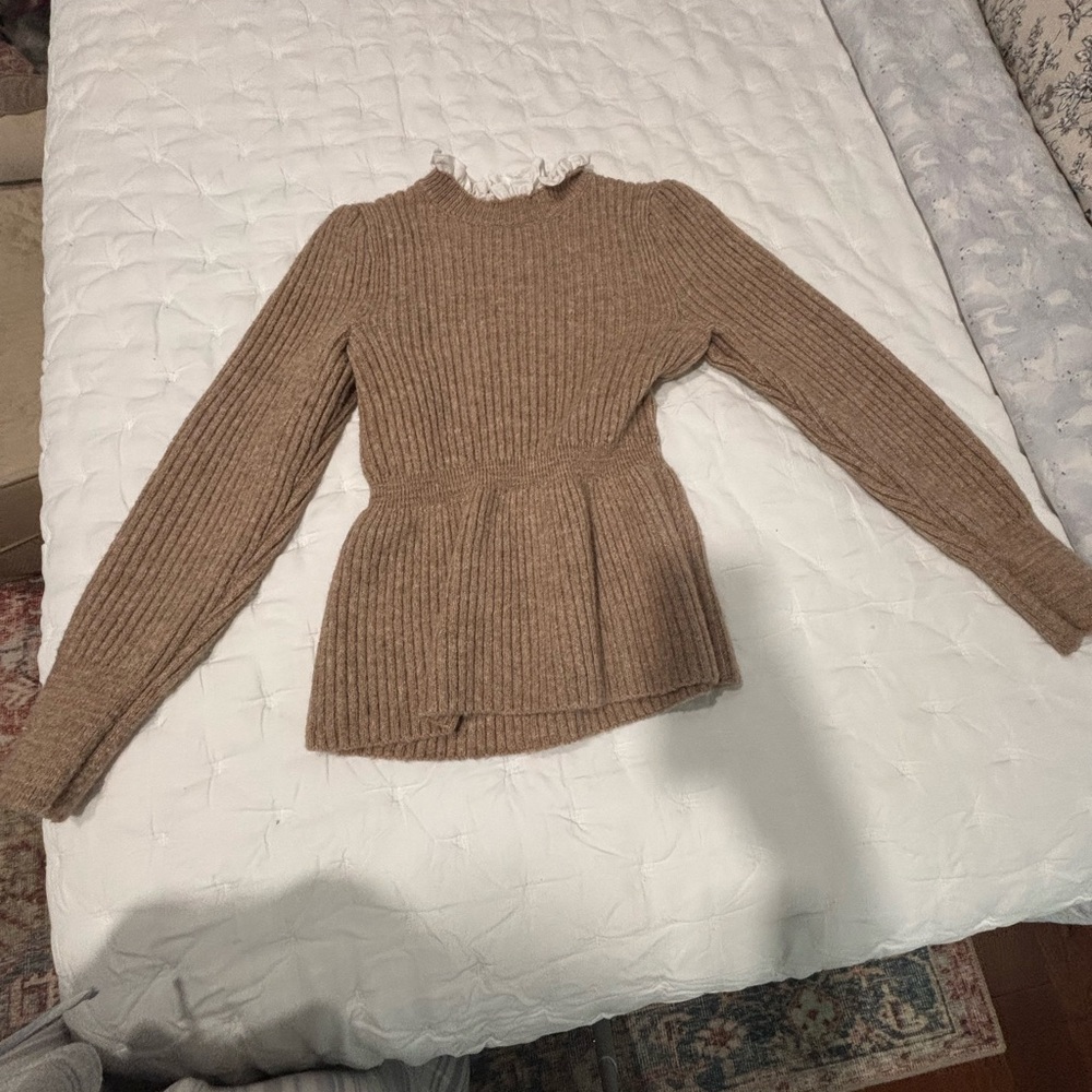 Lea & Viola Brown Cowl Neck Sweater with Ribbed Knit by Anthropologie